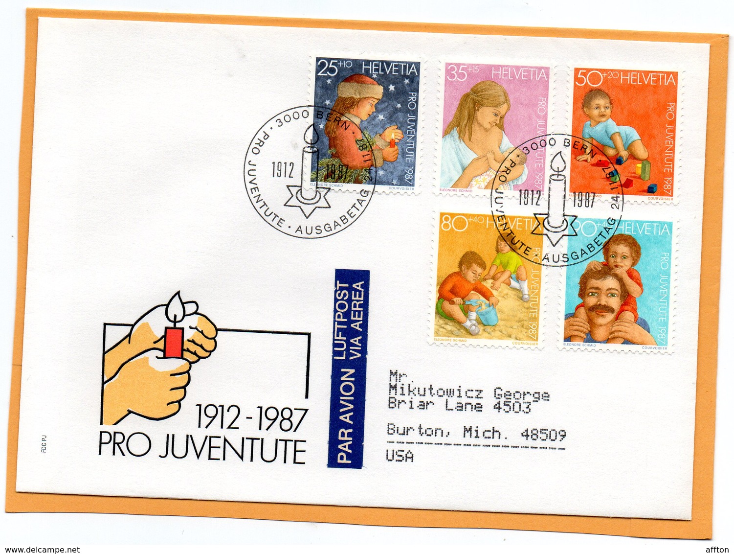 Pro Juventute Switzerland 1987 FDC Mailed Registered To USA - Covers & Documents