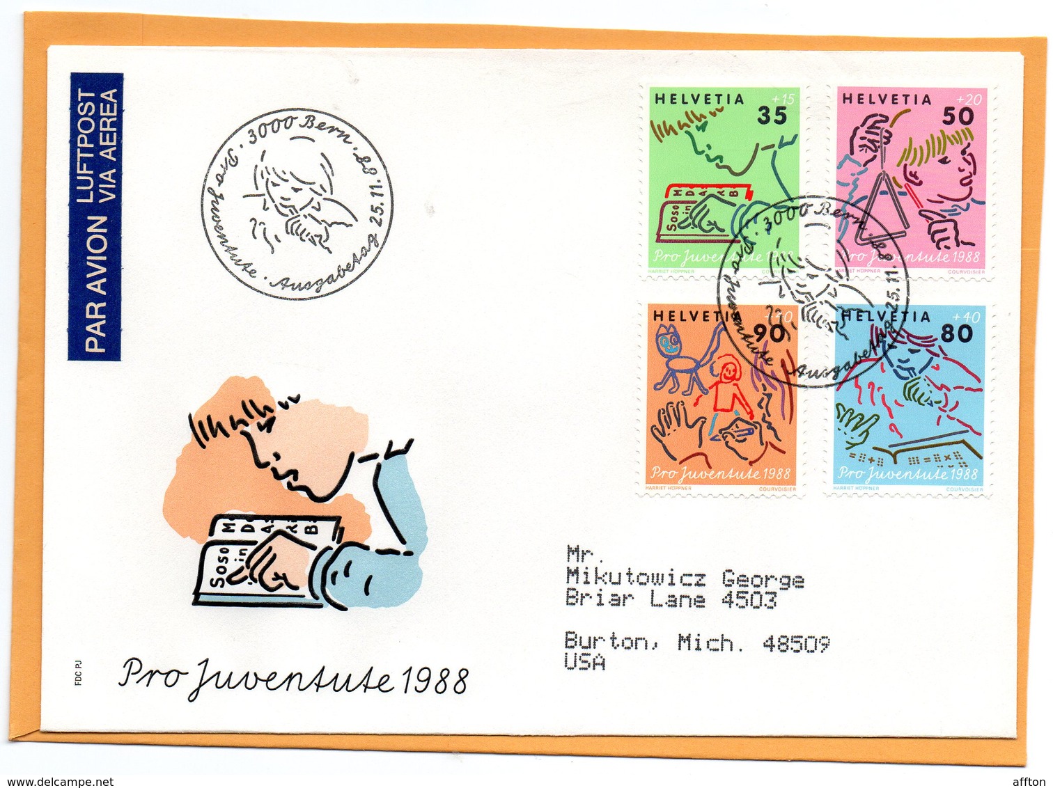 Pro Juventute Switzerland 1988 FDC Mailed Registered To USA - Covers & Documents