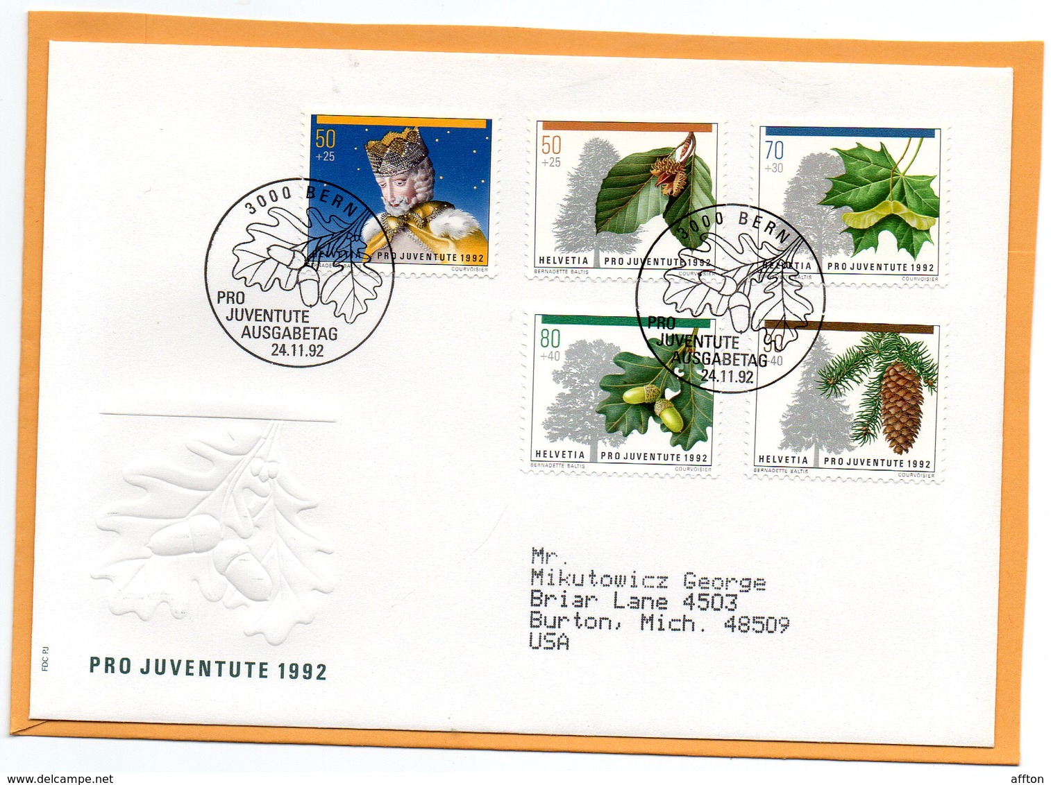 Pro Juventute Switzerland 1992 FDC Mailed Registered To USA - Covers & Documents