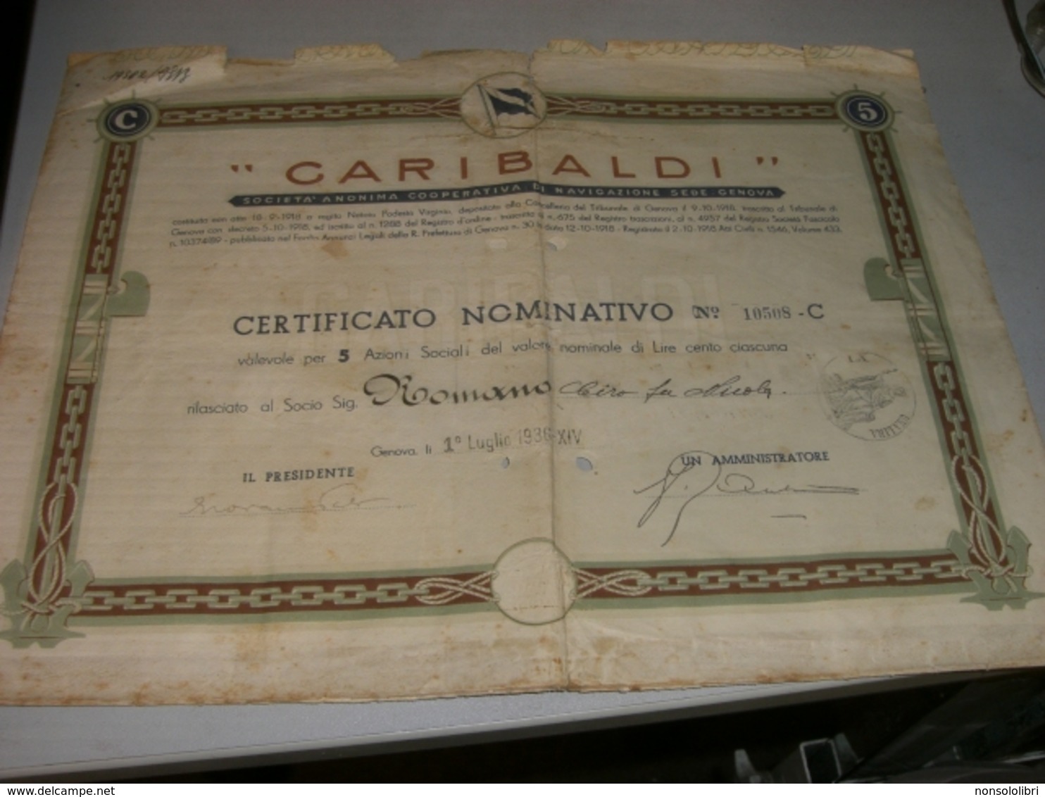 AZIONE GARIBALDI CERTIFICATO NOMINATIVO VALEVOLE PER 5 AZIONI SOCIALI 1936 - G - I