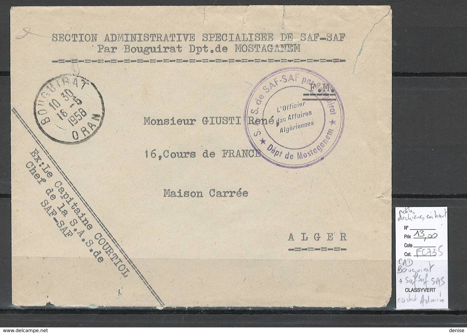 Algerie - Lettre - Cachet FM SAF SAF SAS + Cad BOUGUIRAT-  Marcophilie - Covers & Documents