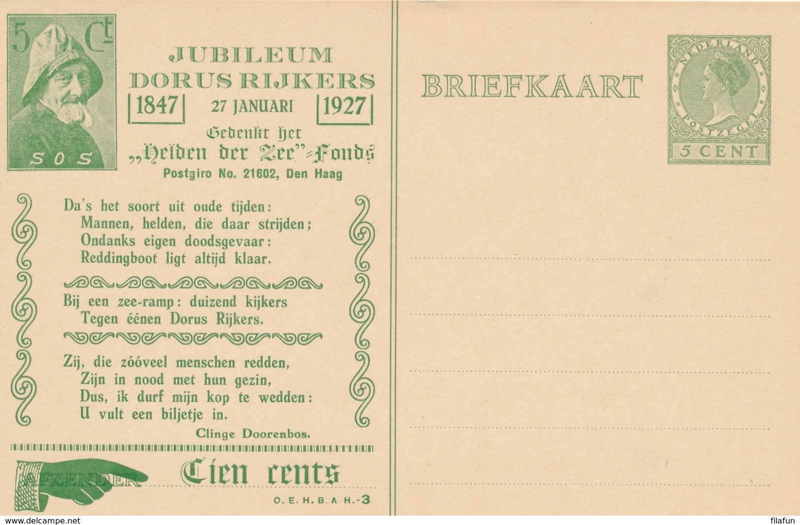 Nederland - 1927 - 5 Cent Veth, Dorus Rijkers Briefkaart DR20 - Ongebruikt - Entiers Postaux