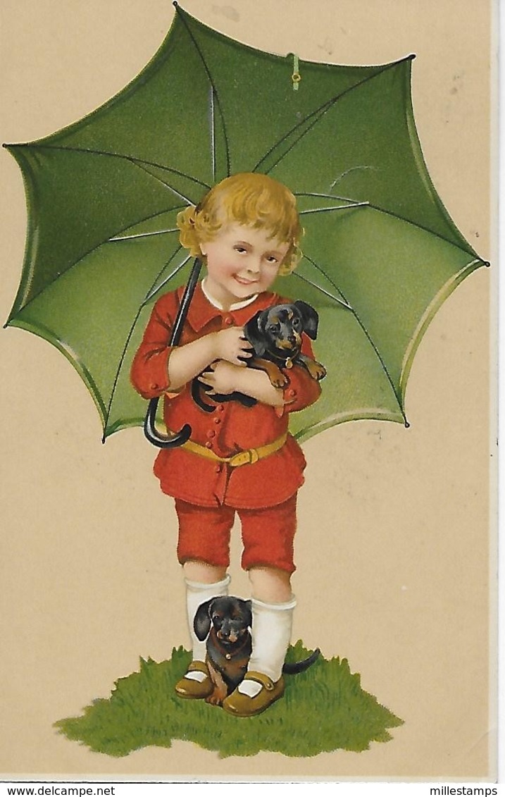 1 CPA 1908 Enfant Parapluie Vert 2 Petits Chiens - Scene & Paesaggi