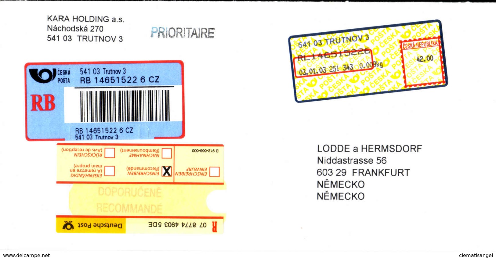 246g * TSCHECHEI * EINSCHREIBEBRIEF VON TRUTNOV NACH FRANKFURT * 2003 **!! - Briefe U. Dokumente