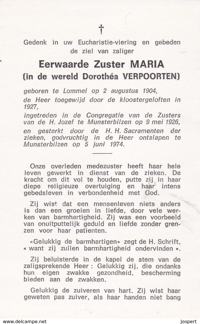 Zuster, Soeur, Dorethea Verpoorten, Lommel,Munsterbilzen - Religion & Esotérisme