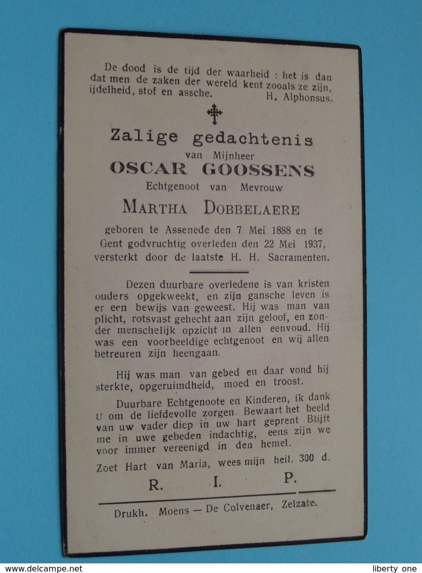 DP Oscar GOOSSENS ( Martha DOBBELAERE ) Assenede 7 Mei 1888 - Gent 22 Mei 1937 ( Zie / Voir Photo ) ! - Overlijden