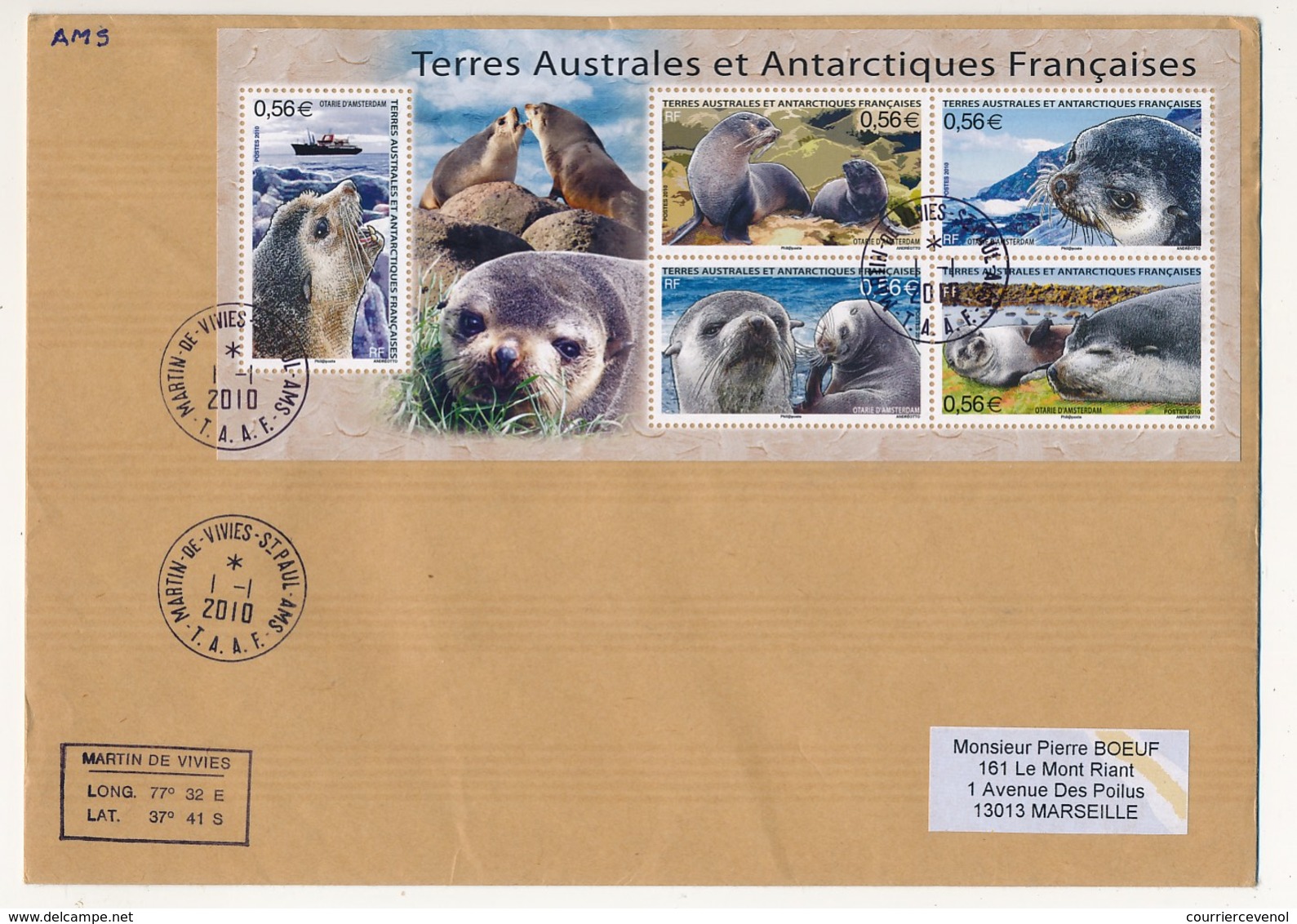 TAAF - Enveloppe Affr. Bloc 5 Timbres Otaries - Martin De Vivies - St Paul-Ams 1-1-2010 - Storia Postale