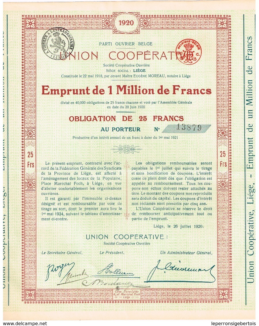 Titre Ancien - Parti Ouvrier Belge - Union Coopérative - Société Coopérative Ouvrière - Obligation De 1920 - N° 13898 - Autres & Non Classés