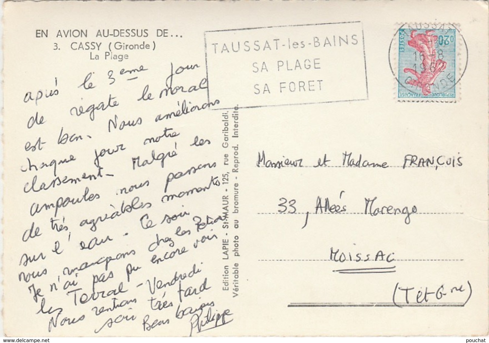 D24-33) CASSY (GIRONDE) EN AVION AU DESSUS DE..... LA PLAGE   - (OBLITERATION DE 1962 - 2 SCANS - Other & Unclassified