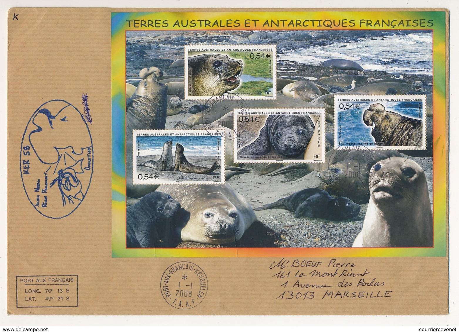 TAAF - Enveloppe BF Elephant...  - Port Aux Français - Kerguelen 1/1//2008 + Cachet Ker 58 - Lettres & Documents