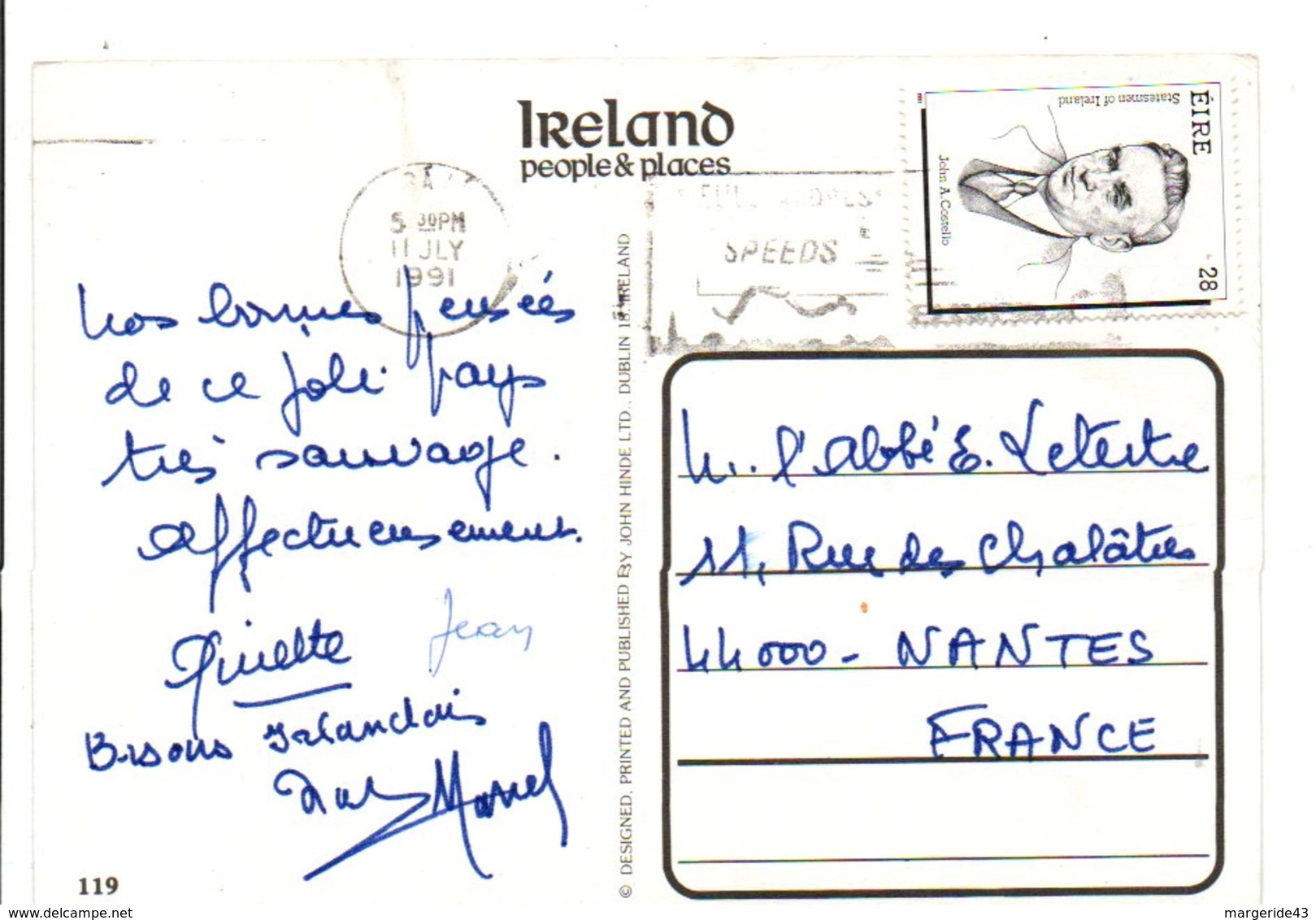 IRLANDE EIRE CARTE POUR LA FRANCE 1991 - Lettres & Documents