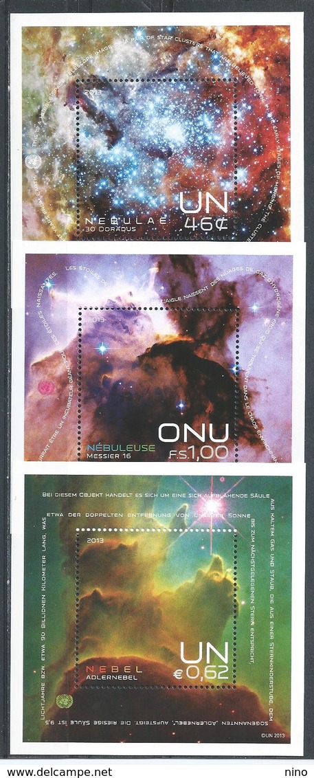 UN-Ge,NY,VI. Scott # 569,1070,531 MNH. 3 Souvenir Sheets. Space Nebulae 2013 - New York/Geneva/Vienna Joint Issues