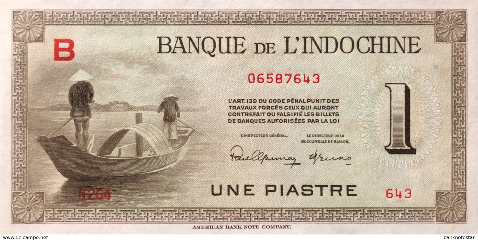 French Indochina 1 Piastre, P-76a (1945) - UNC - Indochina
