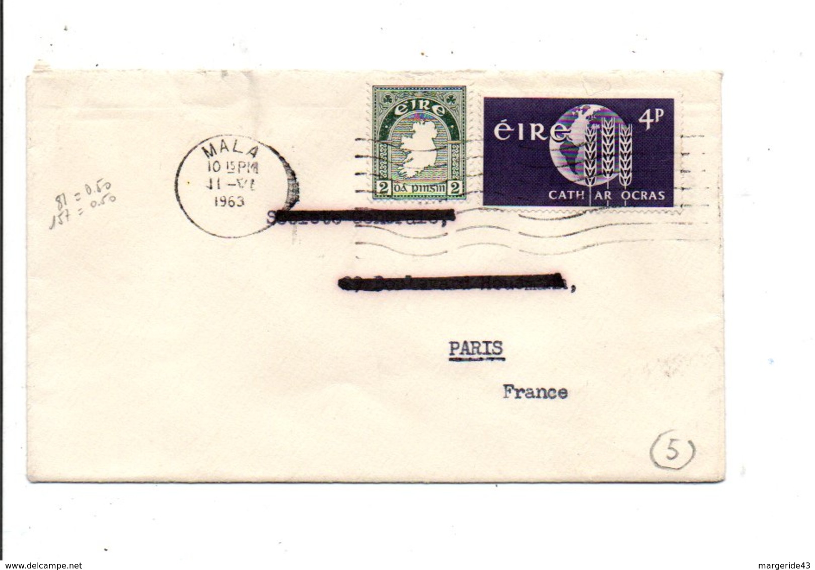 IRLANDE EIRE AFFRANCHISSEMENT COMPOSE SUR LETTRE POUR LA FRANCE 1964 - Covers & Documents