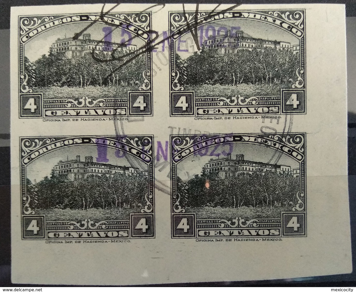 MEXICO 1925 4c. CHAPULTEPEC Imperf. Proof In BLACK Block Of 4, Signed, See Img. - Mexique