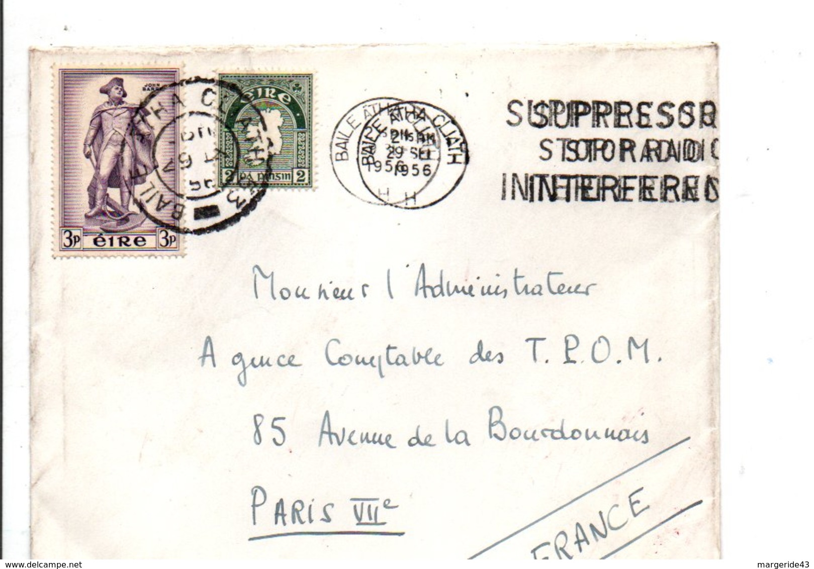 IRLANDE EIRE AFFRANCHISSEMENT COMPOSE SUR LETTRE POUR LA FRANCE 1956 - Storia Postale