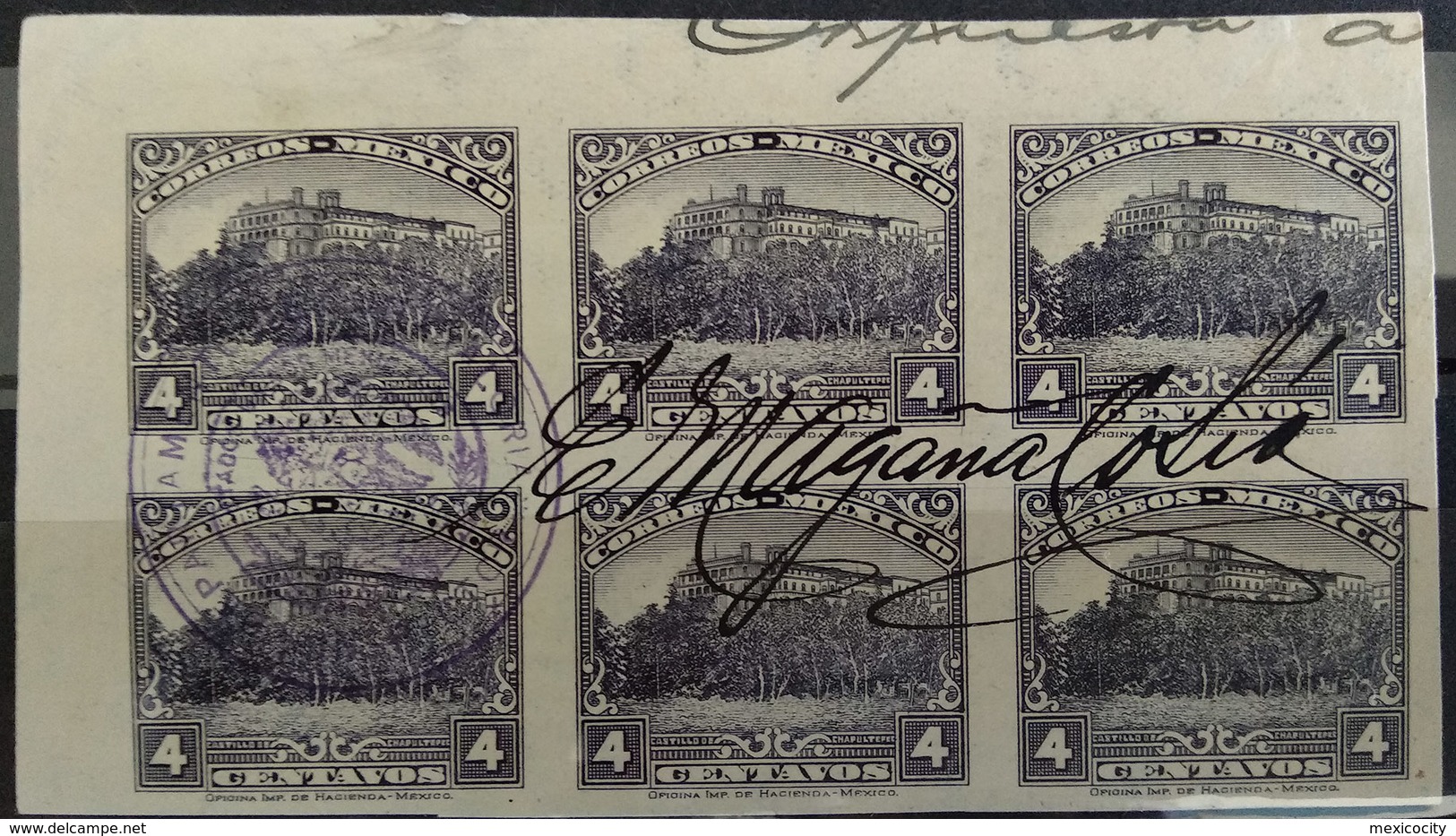 MEXICO 1925 4c. CHAPULTEPEC Imperf. Proof In PURPLE Block Of 6, Signed, See Img. - Mexico