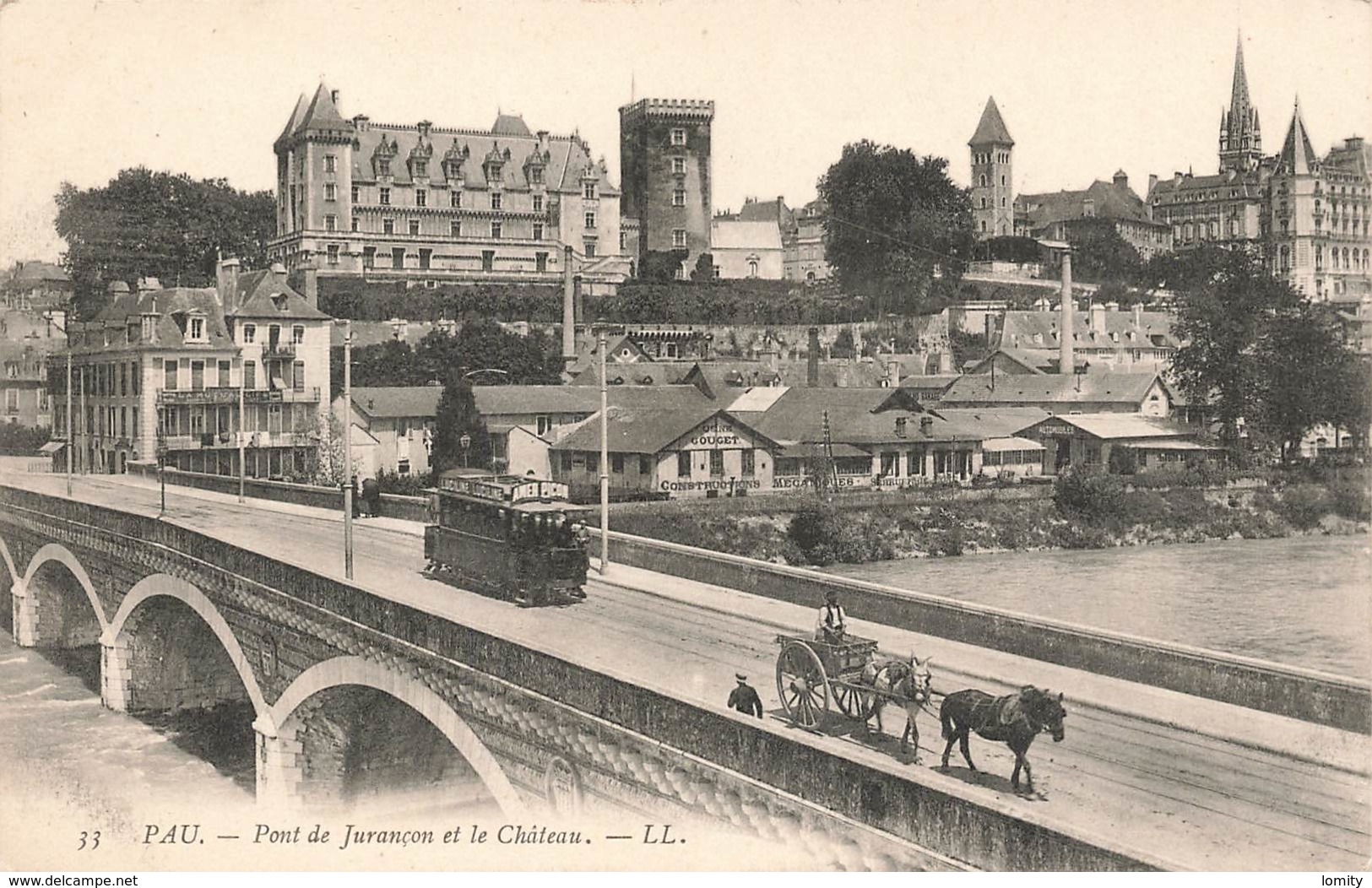 64 Pau Pont De Jurançon Et Le Chateau Cpa Carte Animée Tram Tramway Attelage - Pau