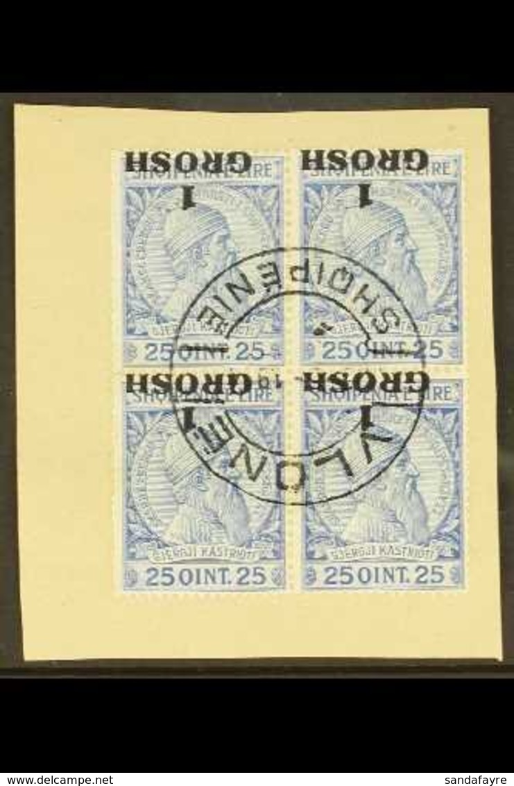 1914 1 Grosh On 25q "INVERTED SURCHARGE", SG 43a, Very Fine Used Block Of 4 "on Piece" With Central, Inverted "VLONE" Cd - Albania