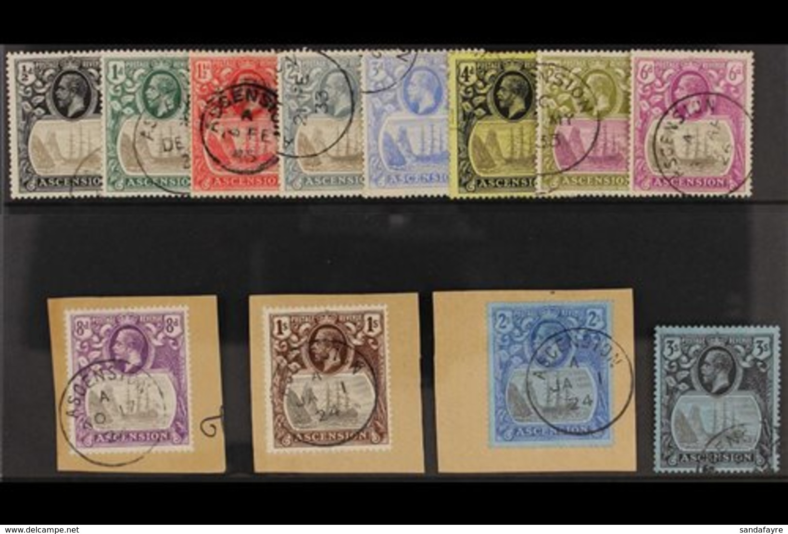 1924-33 "Badge Of St Helena" Definitive Set, SG 10/20, Fine Cds Used With 8d, 1s & 2s Being Tied To Neatly Clipped Piece - Ascension