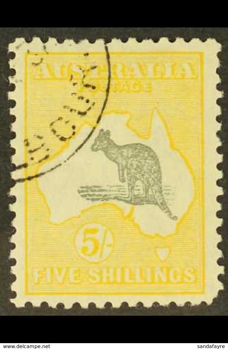 1929-30 5s Grey And Yellow Kangaroo, SG 111, Cto Used, Blunt Corner Perf. For More Images, Please Visit Http://www.sanda - Andere & Zonder Classificatie