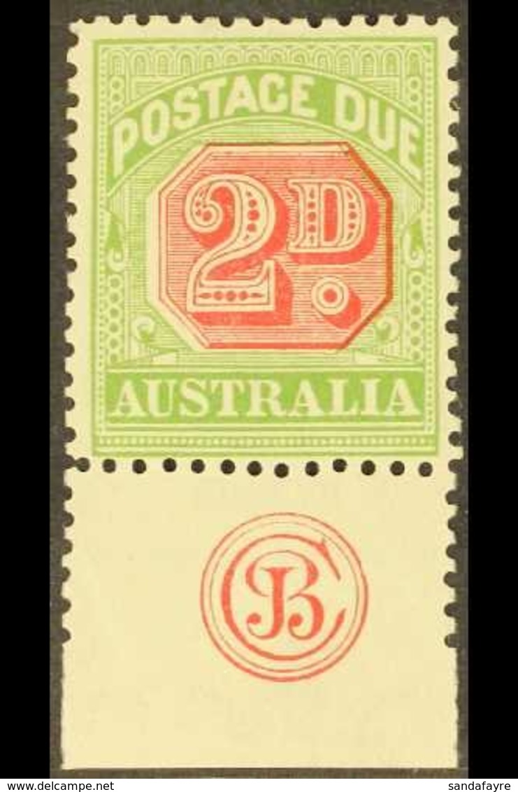 POSTAGE DUES 1909 2d Rosine And Yellow Green, Die I, SG D65, Brusden White D80za, Superb Mint With Marginal "JBC" Monogr - Other & Unclassified