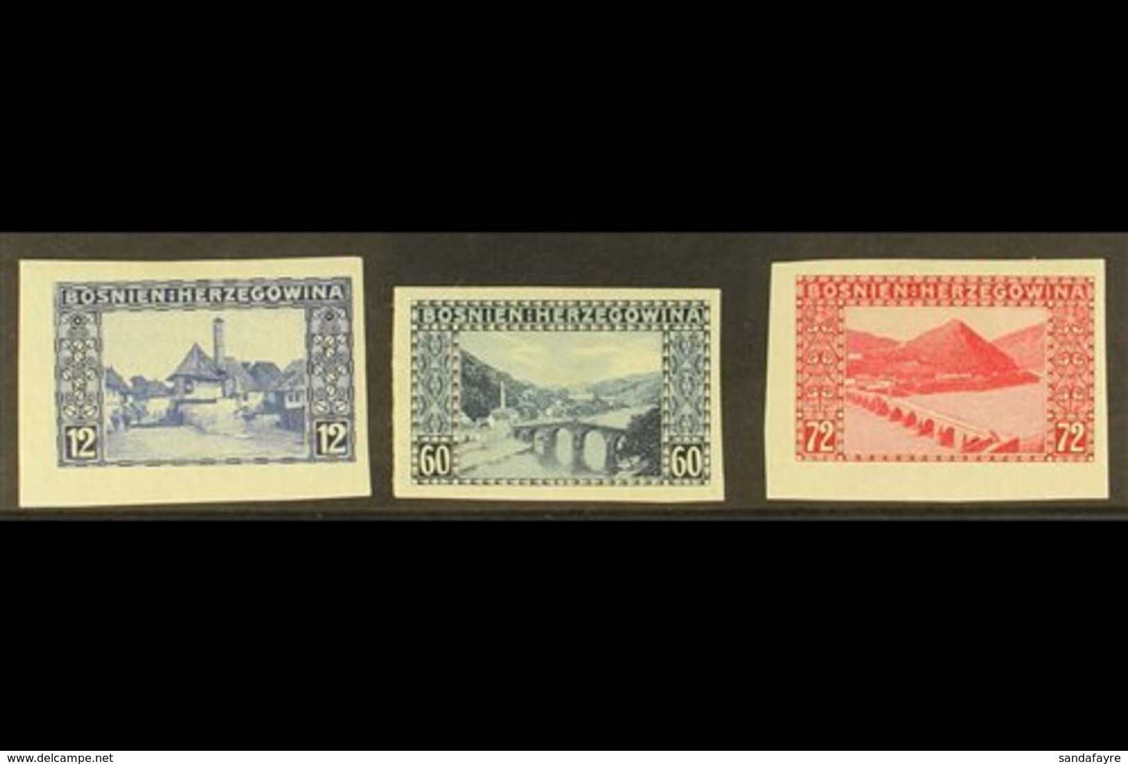 BOSNIA AND HERZEGOVINA 1912 Landscapes Complete IMPERF Set, Michel 61/63 U (SG 359/61 Var), Very Fine Mint, Very Fresh.  - Other & Unclassified