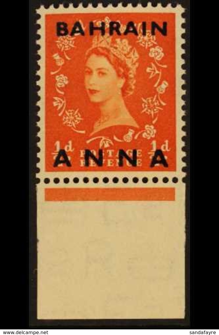 1952-54 VARIETY ½da On ½d Orange Red, "Fraction ½ OMITTED" Variety, SG 80a, Superb Marginal Example, Never Hinged Mint F - Bahreïn (...-1965)