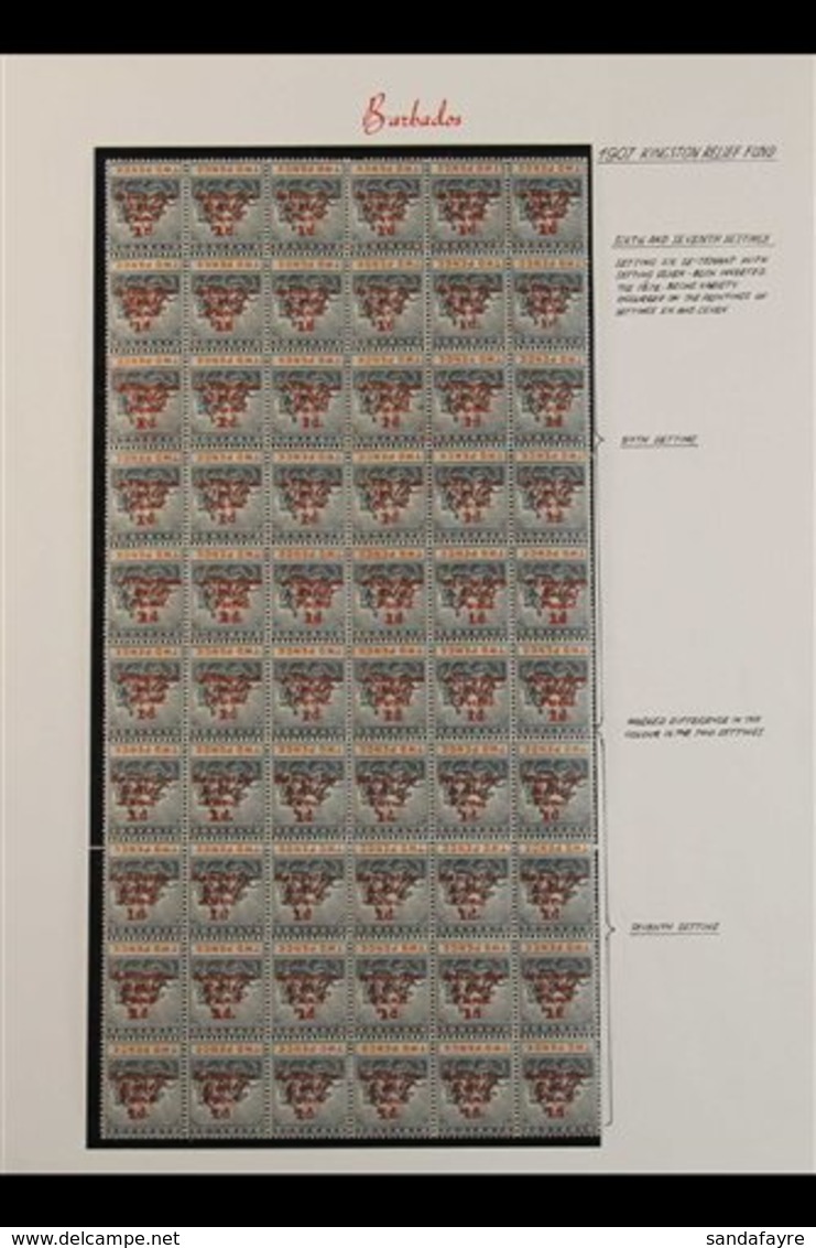 1907 COMPLETE PANE. 1d On 2d Slate-black & Orange "Kingston Relief Fund" Overprint Inverted Variety, SG 153a, Fine Mint  - Barbades (...-1966)