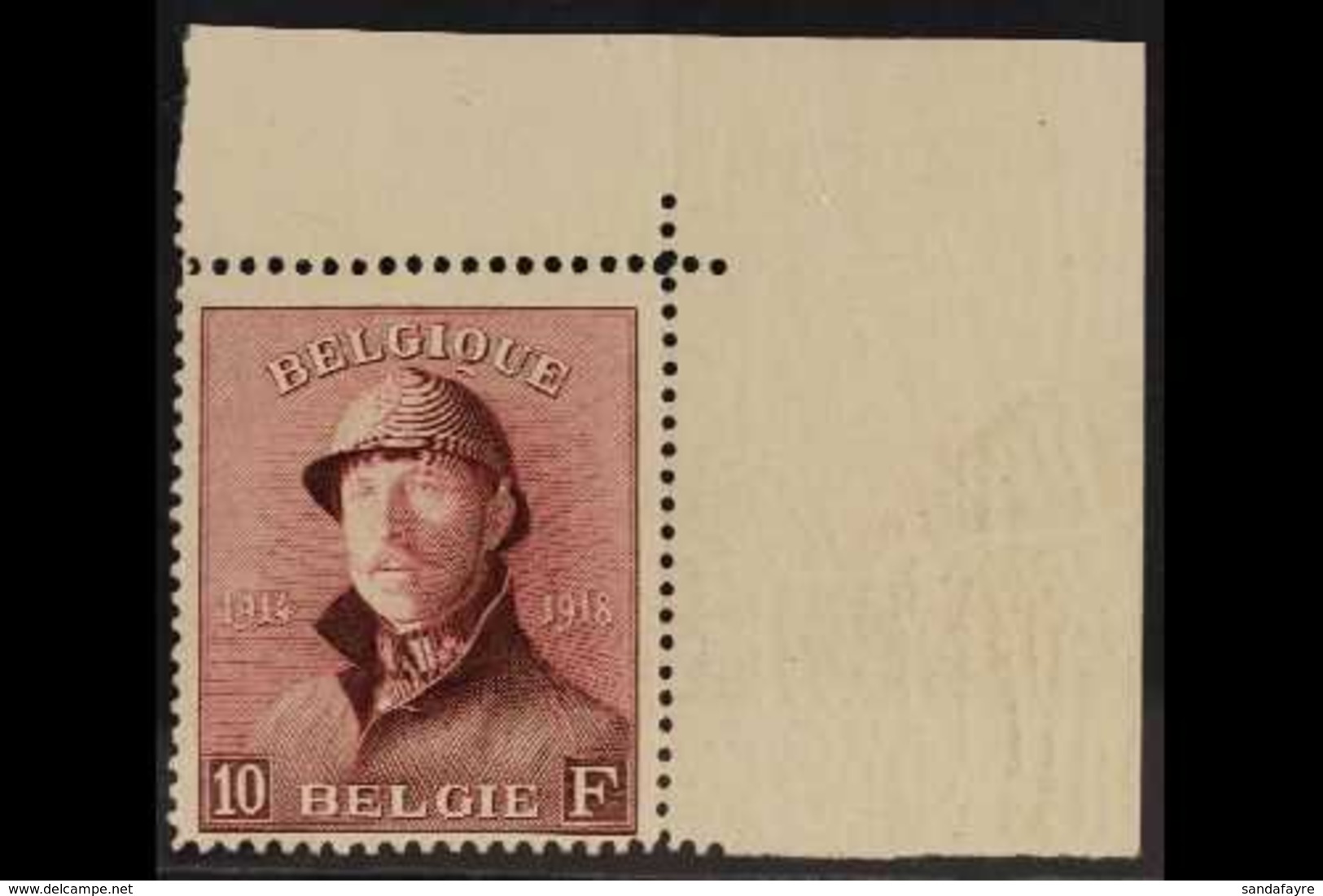 1919 10f Claret King Albert Tin Hat (COB 178, Michel 158, SG 250), Never Hinged Mint Upper Right Corner Example, Very Fr - Otros & Sin Clasificación