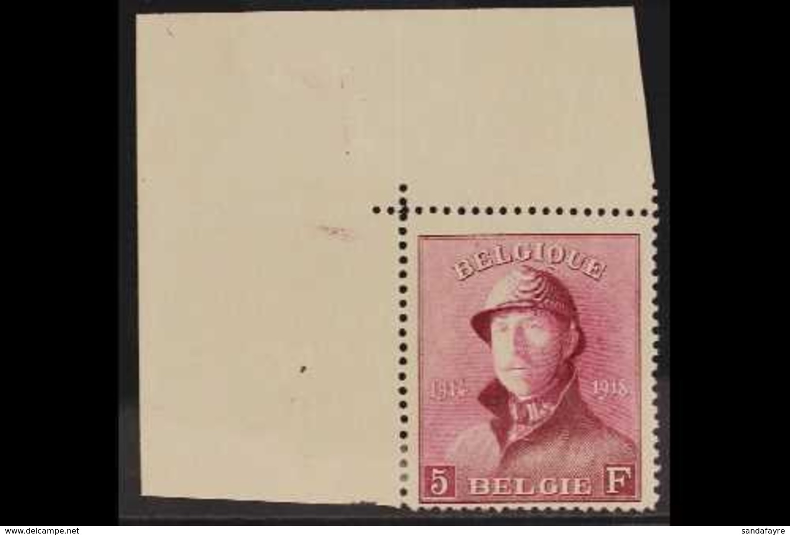 1919 5f Carmine-lake King Albert Tin Hat (COB 177, Michel 157, SG 249), Fine Mint Upper Left Corner Example, Very Fresh. - Other & Unclassified