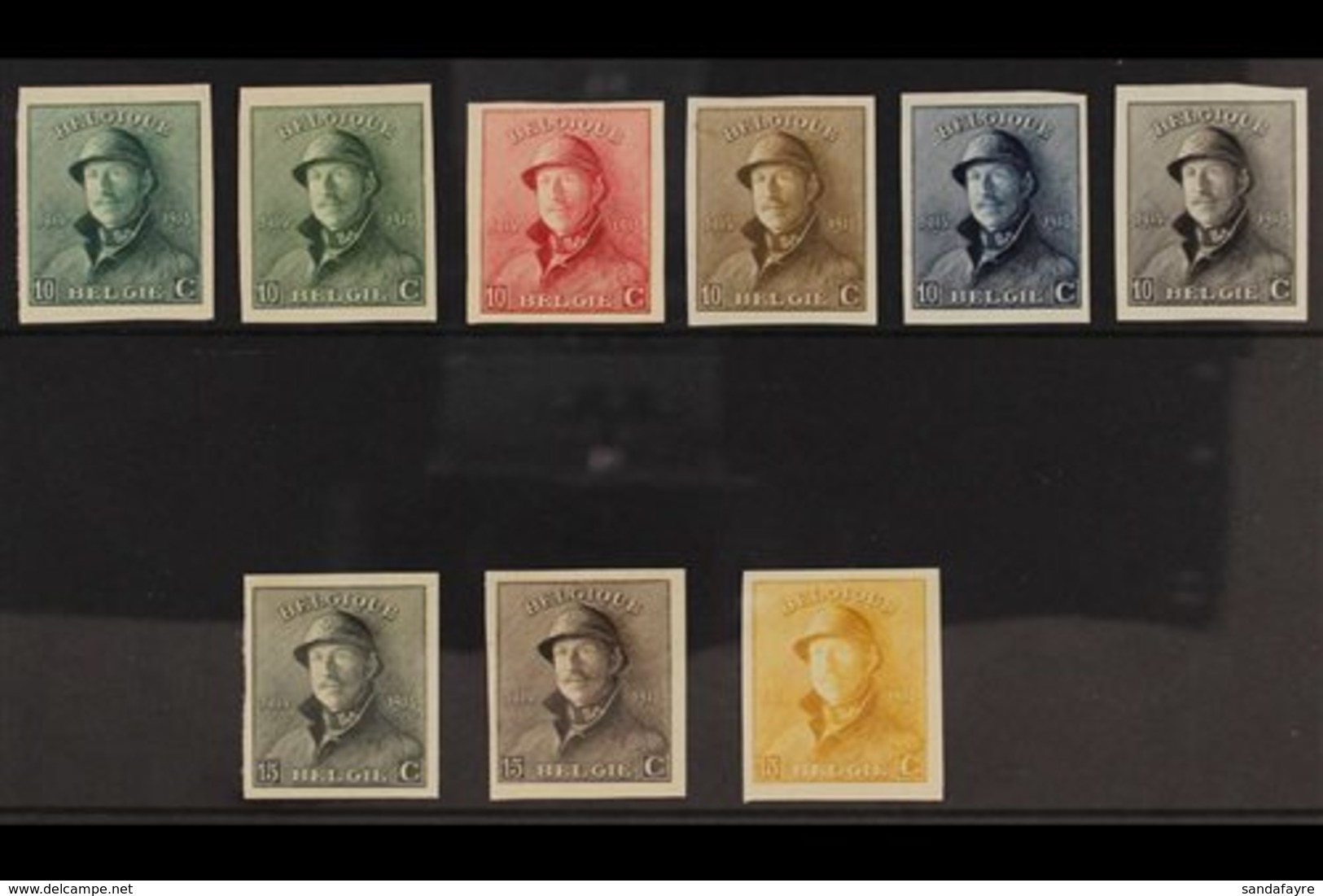 1919 IMPERF COLOUR PLATE PROOFS. 10c & 15c King Albert Tin Hat All Different Group Of Imperf Proofs Printed In Various C - Autres & Non Classés