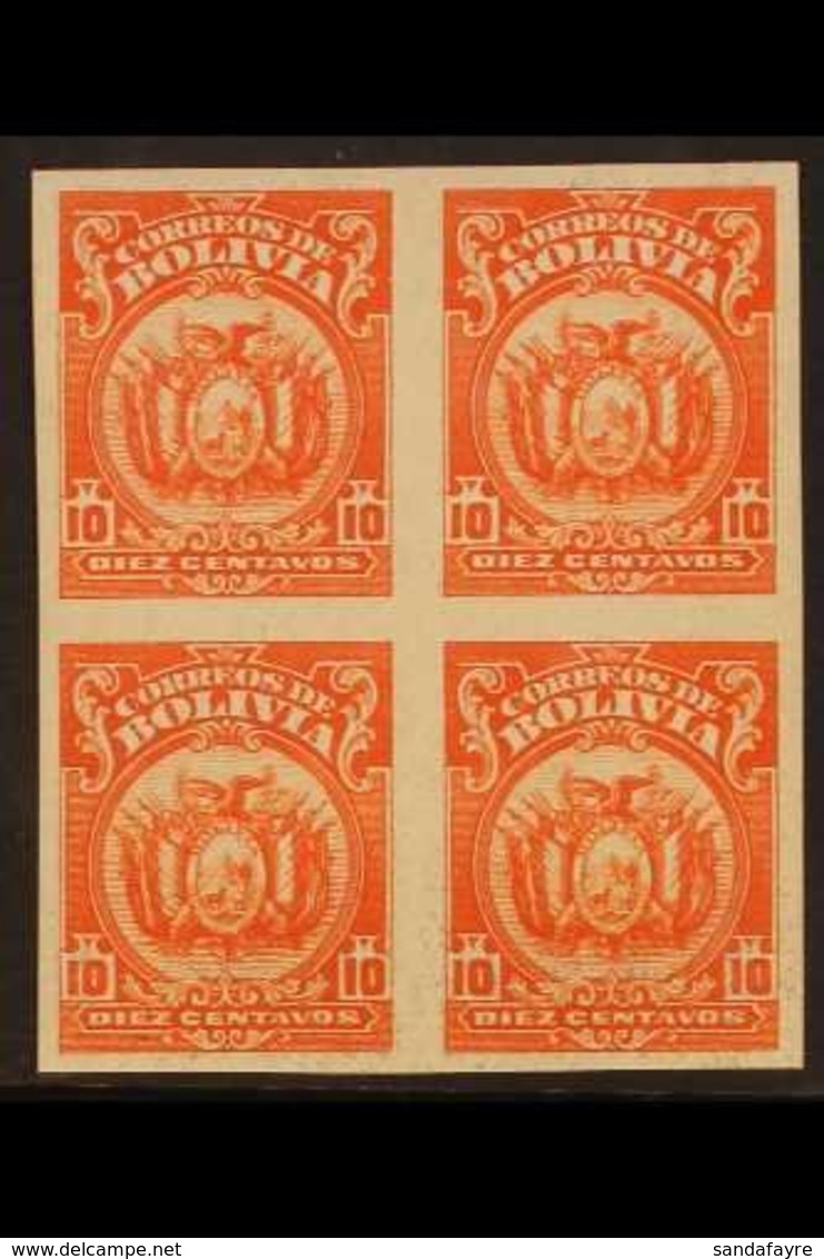 1923-7 10c Vermilion, Coat Of Arms, IMPERFORATE BLOCK OF 4, Scott 131, 3 Stamps Are Never Hinged Mint. For More Images,  - Bolivie