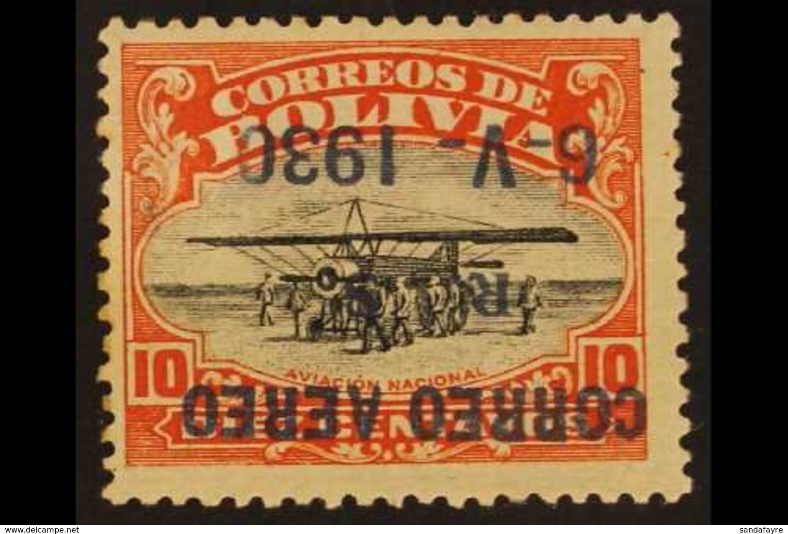 1930 10c Black And Orange- Red With AIR POST OVERPRINT INVERTED, SG 229 Variety (Sanabria 23a), Very Fine Mint. Only 100 - Bolivie