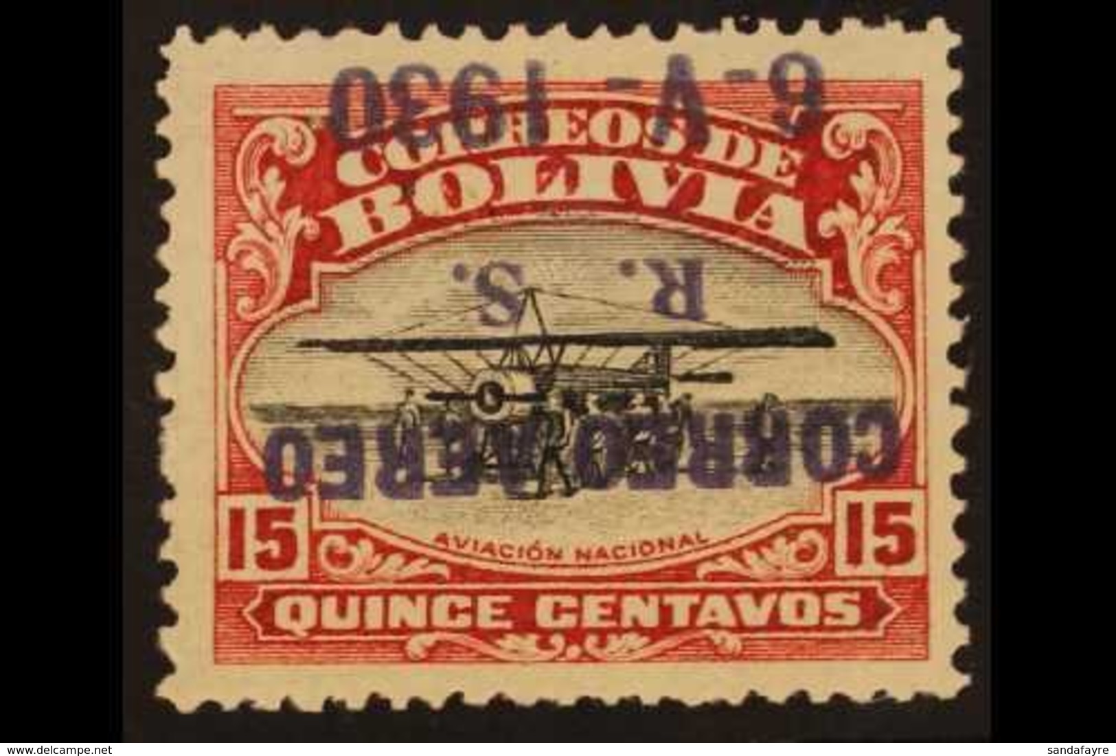 1930 15c Black And Lake With AIR POST OVERPRINT INVERTED, SG 231 Variety (Sanabria 24a), Very Fine Mint. Sanabria Expert - Bolivia