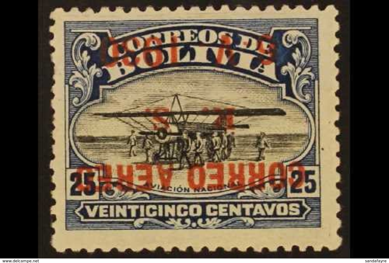 1930 25c Black And Blue With AIR POST OVERPRINT INVERTED, SG 232 Variety (Sanabria 25a), Very Fine Mint, Couple Of Short - Bolivia
