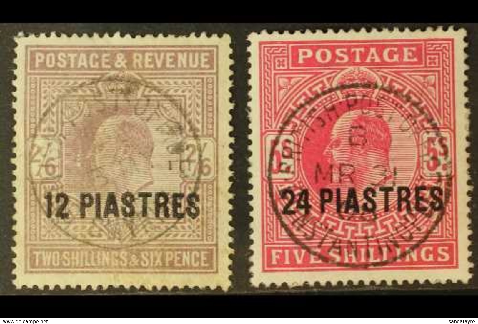 1902-05 12pi On 2s.6d Lilac, And 24pi On 5s Bright Carmine, SG 11/12, Fine Full Smyrna Or Constantinople Cds's. (2 Stamp - Levante Britannico