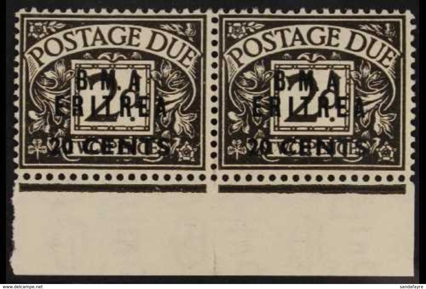 ERITREA POSTAGE DUES 1948 20c On 2d Agate, Horizontal Pair Both Showing Variety "No Stop After A", SG ED 3a, Very Fine M - Italian Eastern Africa