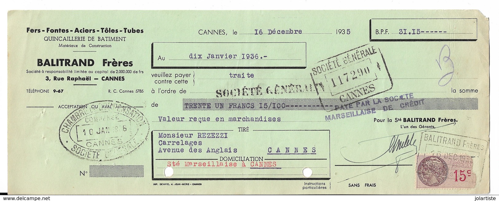 D 06  GRASSE 2 Vieilles Lettres De Change 1935 BALITRAND FRERES CANNES Parfait Etat N057 - Cambiali