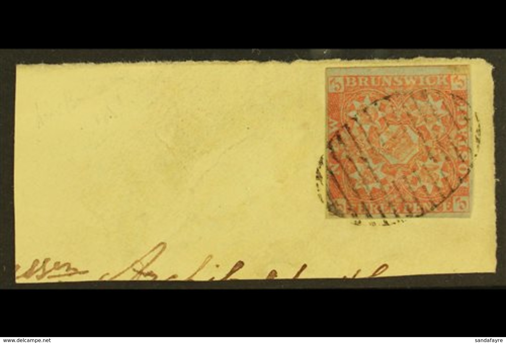 1851 3d Dull Red, SG 2, Used With 4 Neat Margins Tied To Large Piece By Full Barred Oval Cancellation. An Impressive Ite - Otros & Sin Clasificación