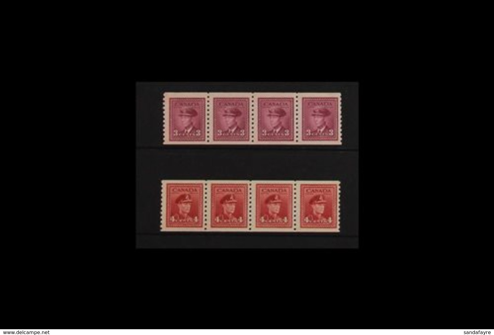 1948 3c Rose Violet And 4c Dark Carmine War Effort Coil "Jump" Strips Of 4, Imperf X Perf 9½, Uni 280i/281i, Very Fine N - Otros & Sin Clasificación