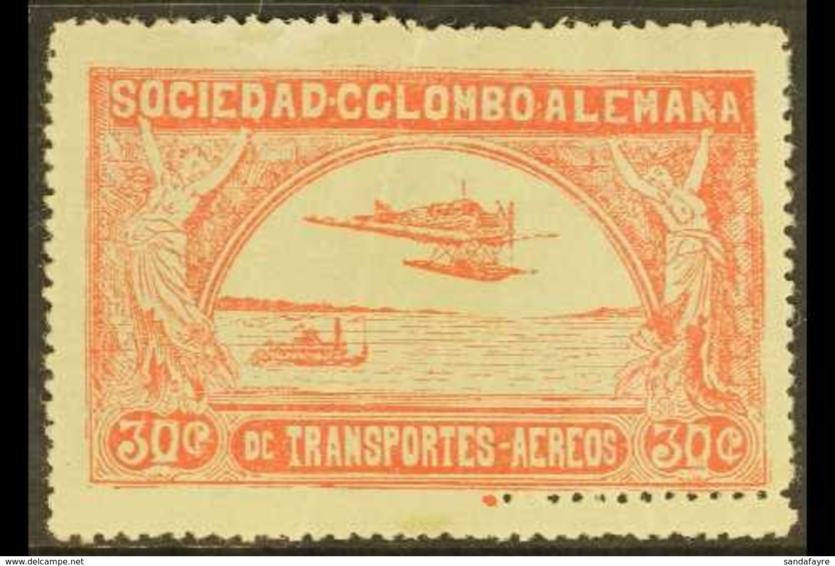 SCADTA 1920-21 30c Rose Hydroplane With DOUBLE PERFORATION At Bottom Right Variety (Scott C15, SG 14), Fine Mint, Light  - Colombia