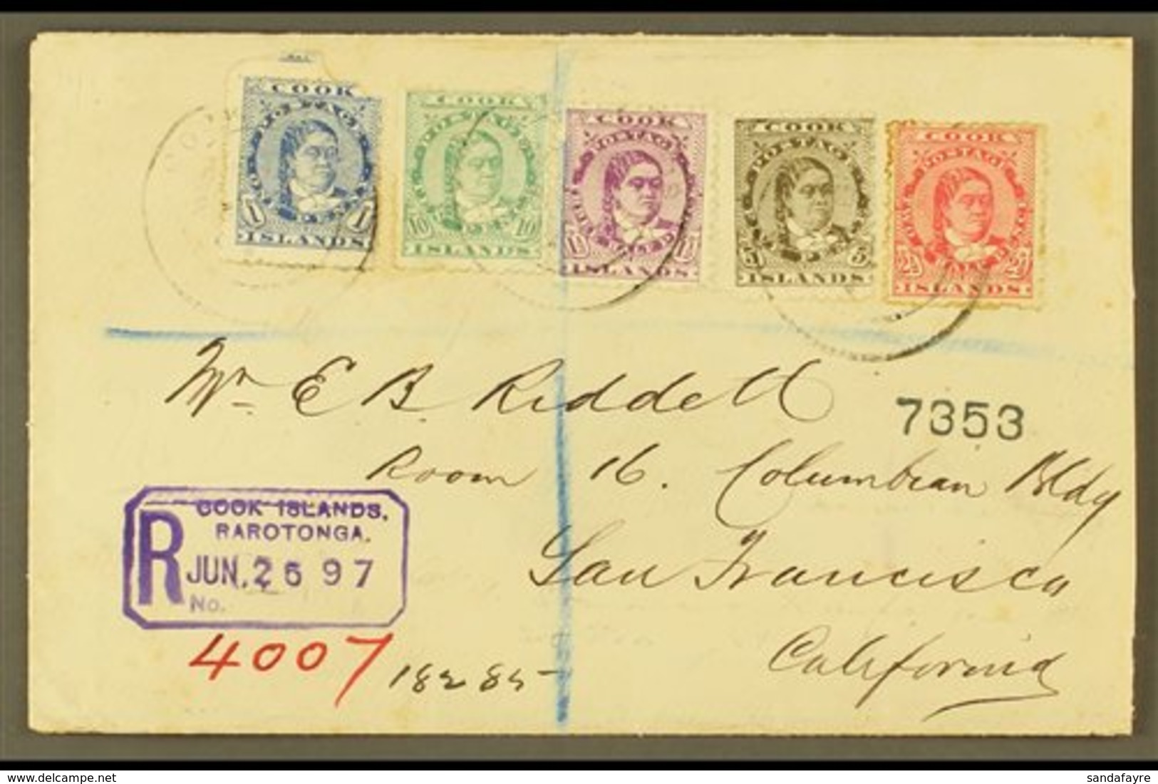 1897 (June) Highly Attractive Envelope Registered To San Francisco, Bearing Queen Makea Takau 1d, 1½d, 2½d, 5d And 19d,  - Cook Islands