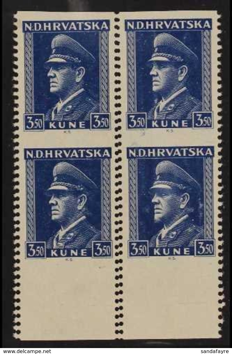 1943 3.50k Blue Pavelic (Michel 106, SG 110a) IMPERF HORIZONTALLY BLOCK Of 4 With Vertical PERFS DOUBLE Variety, Unhinge - Croatia