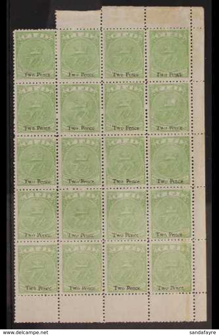 1878-99 2d On 3d Pale Green  Perf 12½, SG 36, Mint BLOCK OF TWENTY With Sheet Margin To 3 Sides, The Lower 16 Stamps Nev - Fidji (...-1970)