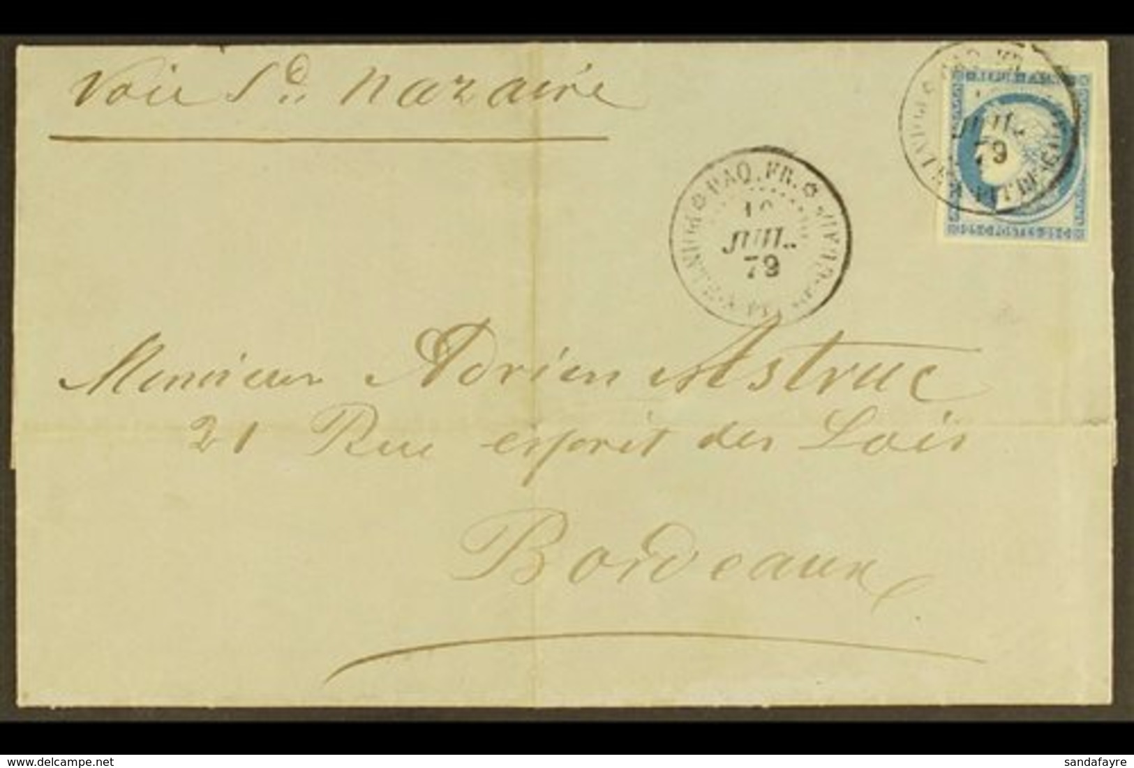 GENERAL ISSUES USED IN GUADELOUPE 1879 (10 July) Entire Letter To Bordeaux, Bearing 1872-77 25c Blue Ceres (Yvert 23) Wi - Other & Unclassified