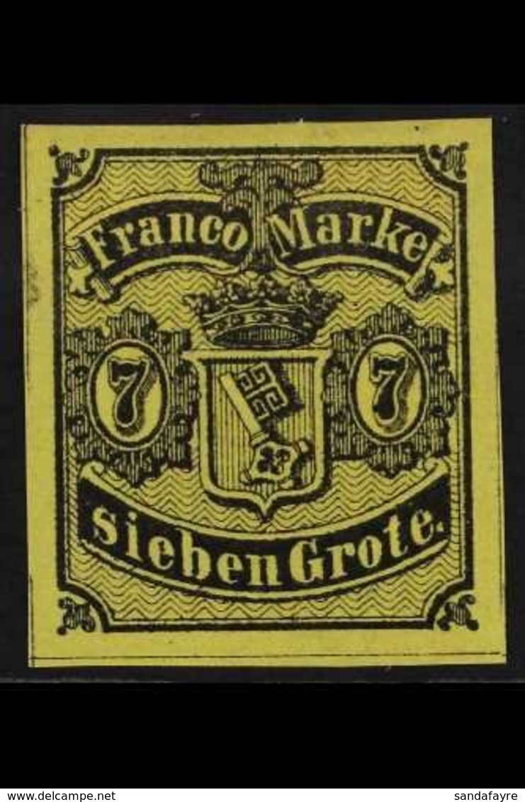 BREMEN 1860 7gr Black On Yellow (Michel 3, SG 4), Very Fine Mint, Four Large Margins, Very Fresh, A Lovely Stamp. For Mo - Andere & Zonder Classificatie