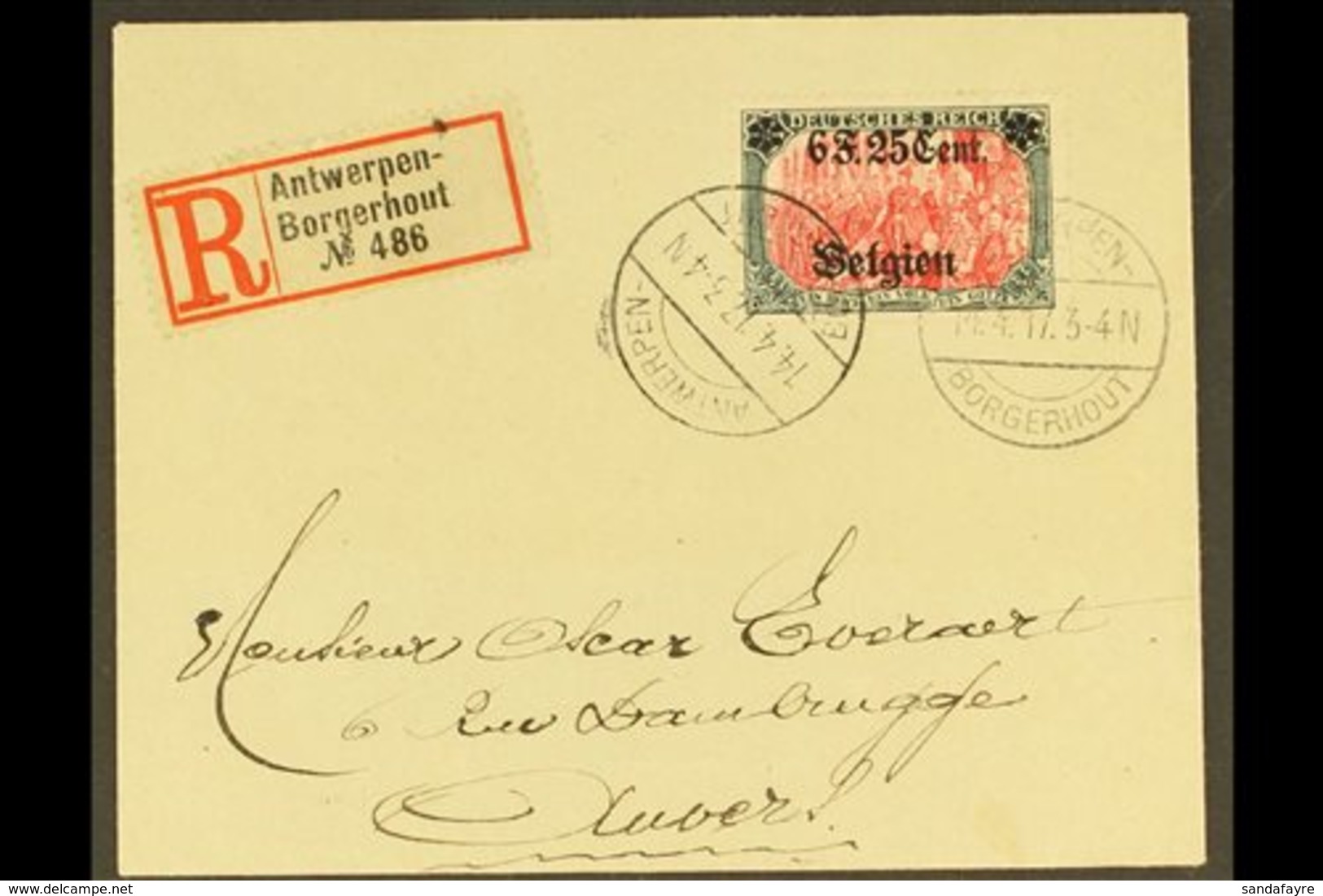 OCCUPATION OF BELGIUM 1917 (14 April) Registered Cover To Antwerp Bearing 6f25 On 5m (Mi 25, SG 25, COB OC25) Tied By Bo - Otros & Sin Clasificación