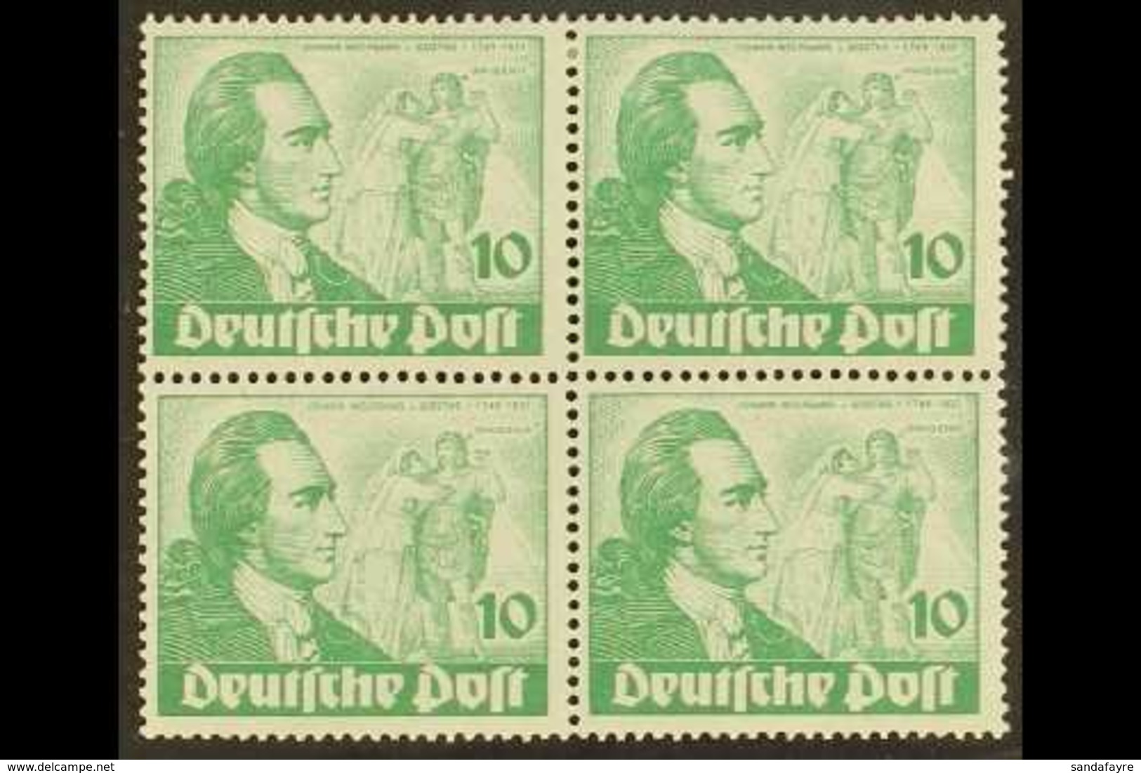 1949 10pf Green Goethe (Michel 61, SG B61), Mint (two Stamps Are Never Hinged) BLOCK Of 4 With One Stamp Showing Michel  - Otros & Sin Clasificación