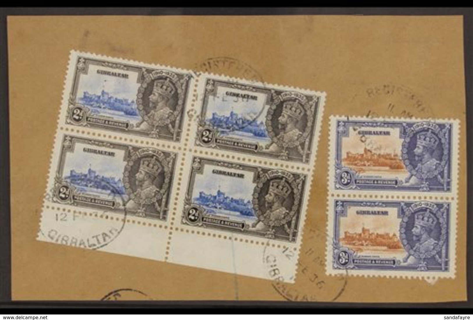 1935 SILVER JUBILEE VARIETY A Large Piece Bearing A 2d Ultramarine & Grey-black Marginal Block Of 4 & A Vertical Pair Of - Gibraltar